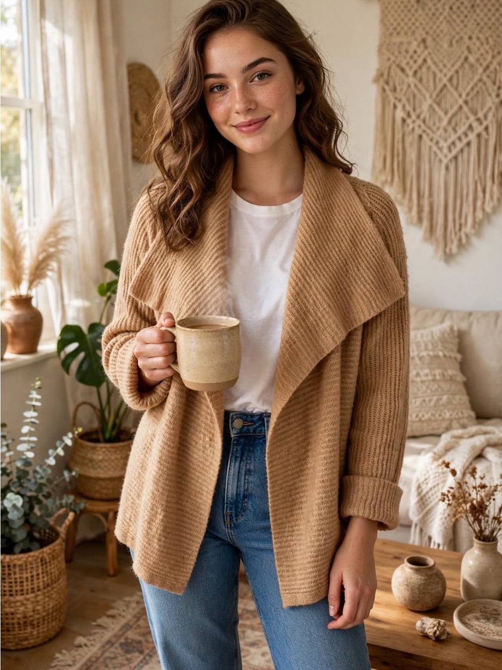 Nine West Camel Draped Open-Front Cardigan